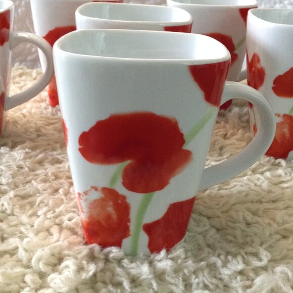 6 Food Network Porcelain Poppies Mugs; Festive; Trending, Elegant Dining, Coffee - Picture 3 of 5